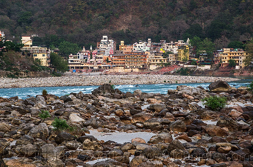 rishikesh and the ganges river (india), ashrams, buildings, ganga, ganges river, rishikesh, river bed, rocks