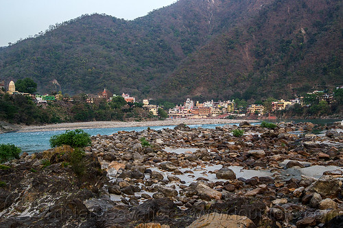 rishikesh - rocks on a beach of the ganges river (india), ashrams, buildings, forest, ganga, ganges river, hills, mountains, rishikesh, river bed, rocks
