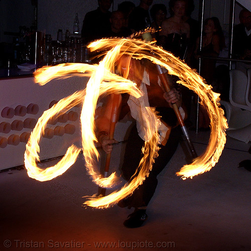 ro spinning fire staffs (san francisco), double staff, fire dancer, fire dancing, fire performer, fire spinning, fire staffs, fire staves, night, spinning fire