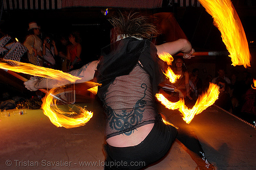 ro spinning staffs - LSD fuego, bohemian carnival, double staff, fire dancer, fire dancing, fire performer, fire spinning, fire staffs, fire staves, night, spinning fire