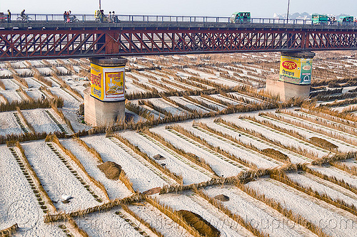 road bridge on ganges river floodplain (india), advertising, agriculture, bridge pillars, floodplain, ganga, ganges river, metal bridge, painted ad, riverbed, sand, truss bridge