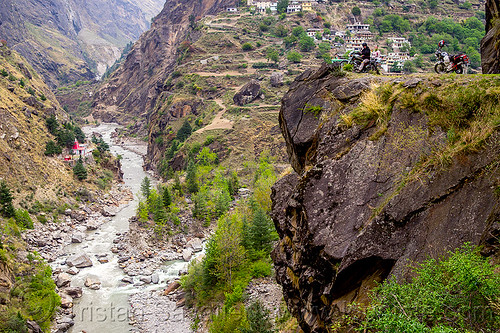 road on cliff - dhauliganga valley (india), cliff, dhauliganga river, dhauliganga valley, motorcycle touring, motorcycles, mountain river, mountain road, mountains, raini chak lata, rock, royal enfield bullet, village