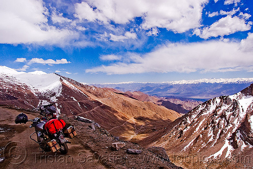 road to nubra valley north of khardungla pass - ladakh (india), khardung la pass, ladakh, landscape, motorcycle touring, mountain pass, mountains, nubra valley, road, royal enfield bullet, snow