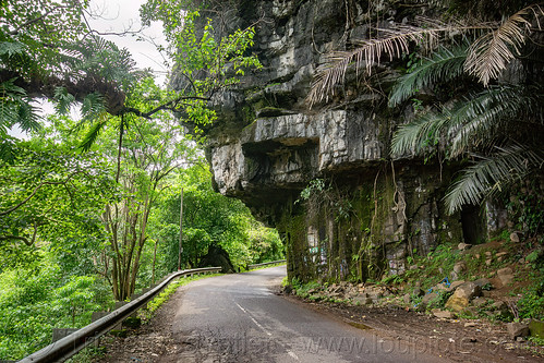 road with rocky overhang, cliff, mountain road, overhanging