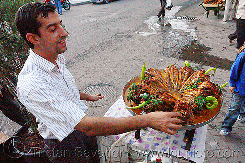 roasted goat heads - kurdish street food - ser û pê, barbecued, bbq, chevon, chili pepper, cooked, diyarbakir, diyarbakır, goat heads, halal meat, kurdish, kurdistan, man, mutton, parsley, roasted, ser û pê, street food, street seller, street vendor