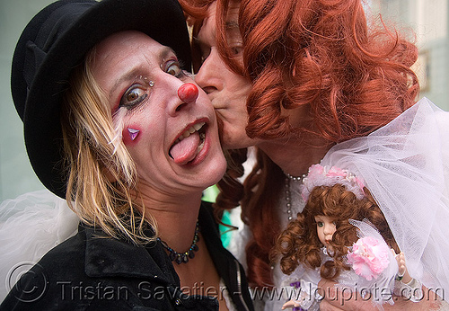 robin hood and danger ranger aka michele michele - brides of march (san francisco), bride, brides of march, clown nose, danger ranger, doll, hat, kiss, kissing, m2, man, michael michael, michael mikel, michele michele, redhead wig, wedding, white, woman