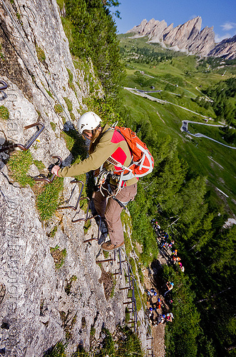 rock climber on cliff ladder, alps, cliff, climber, climbing harness, climbing helmet, dolomites, dolomiti, ferrata tridentina, ladder, mountain climbing, mountaineer, mountaineering, mountains, rock climbing, vertical, via ferrata brigata tridentina, woman