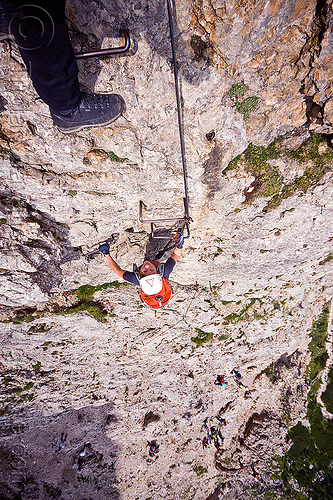 rock climber on vertical cliff, alps, cliff, climber, climbing harness, climbing helmet, dolomites, dolomiti, ferrata tridentina, ladder, mountain climbing, mountaineer, mountaineering, mountains, rock climbing, vertical, via ferrata brigata tridentina, woman