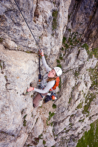 rock climber - via ferrata, alps, cliff, climber, climbing harness, climbing helmet, dolomites, dolomiti, mountain climbing, mountaineer, mountaineering, mountains, rock climbing, vertical, via ferrata col rodella, woman