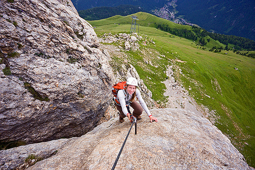 rock climber - via ferrata col rodella, alps, cliff, climber, climbing harness, climbing helmet, dolomites, dolomiti, mountain climbing, mountaineer, mountaineering, mountains, rock climbing, vertical, via ferrata col rodella, woman