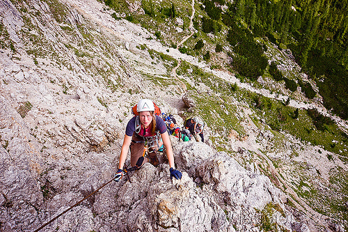 rock climbing in the dolomites - via ferrata, alps, cliff, climber, climbing harness, climbing helmet, dolomites, dolomiti, ferrata tridentina, mountain climbing, mountaineer, mountaineering, mountains, rock climbing, vertical, via ferrata brigata tridentina, woman