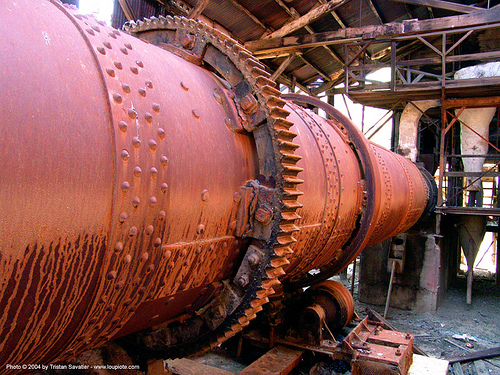 rotary kiln in mercury smelter (new idria), cinnabar smelter, girth gear, mercury pollution, rotary furnace, rotary kiln, rusty, trespassing