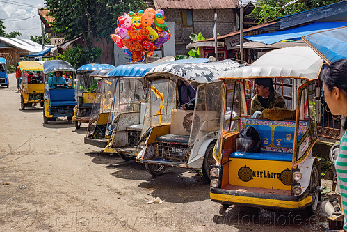 row of motorized tricycle rickshaws, man, moto rickshaws, parked, road, tana toraja, tricycle rickshaws