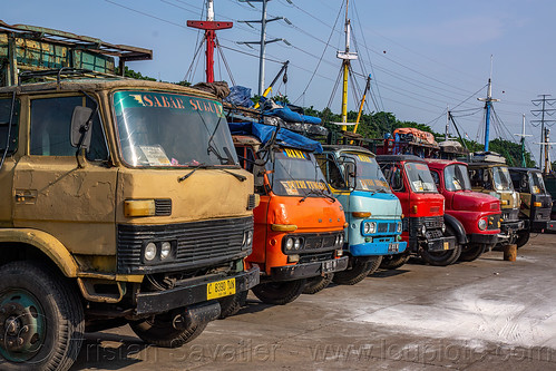 row of trucks on surabaya harbor dock, dock, harbor, surabaya