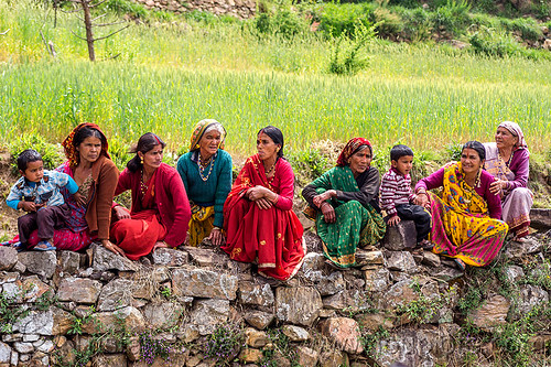 row of village women sitting on stone wall (india), childen, field, kids, row, sitting, tola gunth, villagers, wedding, women