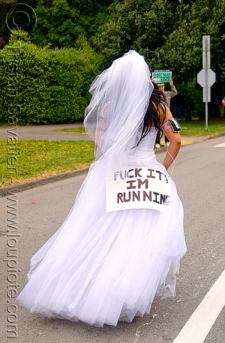 runaway bride - bay to breaker footrace and street party (san francisco), bay to breakers, bridal dress, footrace, runaway bride, runner, running, street party, white, woman
