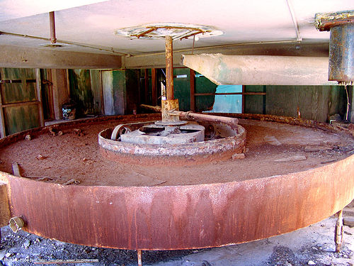 rusty circular pool in abandoned mercury smelter - new idria, cinnabar smelter, mercury pollution, rusty, trespassing