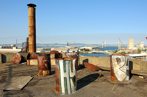 rusty smokestacks on roof, derelict, roof, rusty, smokestacks, tie's warehouse, trespassing