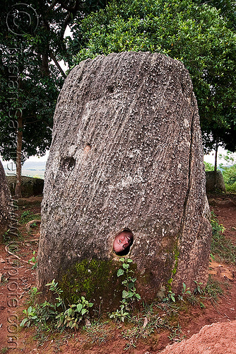 sabine in giant stone jars - plain of jars - site 2 - phonsavan (laos), archaeology, hole, phonsavan, plain of jars, stone jar