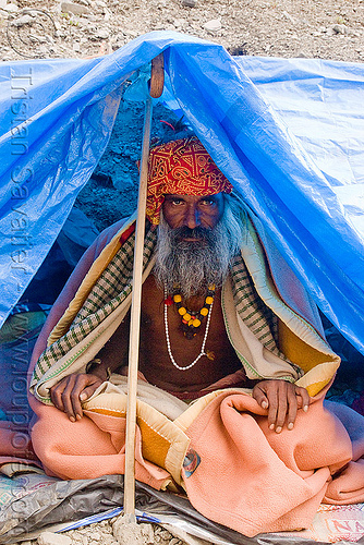 sadhu (hindu holy man) under tarp - amarnath yatra (pilgrimage) - kashmir, amarnath yatra, beard, headwear, hindu man, hindu pilgrimage, hinduism, kashmir, pilgrim, tent