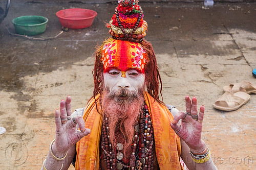 sadhu (hindu holy man) with large red tilaka with polka dots (nepal), baba, beard, dreadlocks, hindu man, hinduism, holy ash, kathmandu, knotted hair, maha shivaratri, necklaces, pashupatinath, polka dots, red, rudraksha beads, sacred ash, sadhu, tilak, tilaka, vibhuti