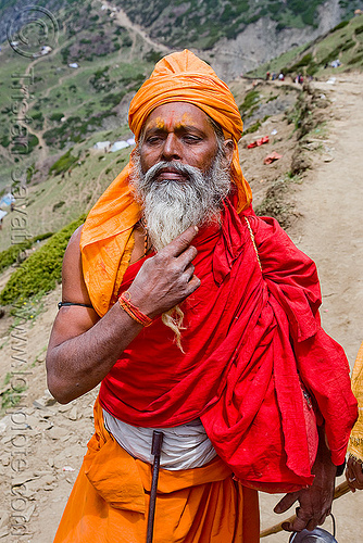 sadhu (hindu holy man) with white beard - amarnath yatra (pilgrimage) - kashmir, amarnath yatra, beard, bhagwa, headwear, hindu man, hindu pilgrimage, hinduism, kashmir, mountain trail, mountains, old man, pilgrim, saffron color