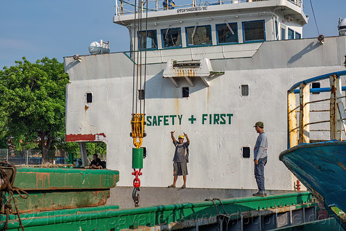 safety + first - docked cargo ship, boat, cargo ship, dock, harbor, harbour, man, merchant ship, surabaya