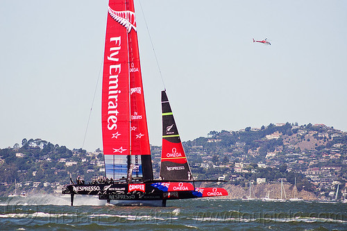 sailing hydrofoil catamaran emirates team new zealand, ac72, advertising, america's cup, bay, boat, catamaran, emirates team new zealand, fast, foiling, helicopter, hydrofoil catamarans, hydrofoiling, ocean, race, racing, sailboat, sailing hydrofoils, sea, ship, speed, sponsors