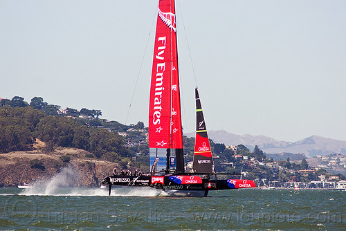 sailing hydrofoil catamaran emirates team new zealand, ac72, advertising, america's cup, bay, boat, catamaran, emirates team new zealand, fast, foiling, hydrofoil catamarans, hydrofoiling, ocean, race, racing, sailboat, sailing hydrofoils, sea, ship, speed, sponsors