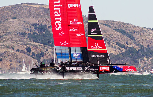 sailing hydrofoil catamaran emirates team new zealand, ac72, advertising, america's cup, bay, boat, catamaran, emirates team new zealand, fast, foiling, hydrofoil catamarans, hydrofoiling, ocean, race, racing, sailboat, sailing hydrofoils, sea, ship, speed, sponsors