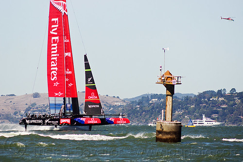 sailing hydrofoil catamaran emirates team new zealand near anita rock marker (san francisco bay), ac72, advertising, america's cup, anita rock, bay, boat, catamaran, emirates team new zealand, fast, foiling, helicopter, hydrofoil catamarans, hydrofoiling, ocean, race, racing, sailboat, sailing hydrofoils, sea, ship, speed, sponsors