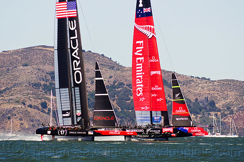 sailing hydrofoil catamarans, ac72, advertising, america's cup, bay, boats, emirates team new zealand, fast, foiling, hydrofoil catamarans, hydrofoiling, ocean, oracle team usa, race, racing, sailboat, sailing hydrofoils, sea, ships, speed, sponsors