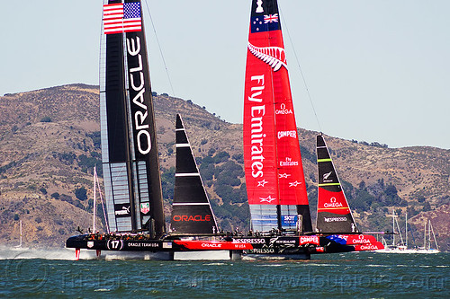 sailing hydrofoil catamarans - america's cup 2013 race (san francisco), ac72, advertising, america's cup, bay, boats, emirates team new zealand, fast, foiling, hydrofoil catamarans, hydrofoiling, oracle team usa, race, racing, sailboat, sailing hydrofoils, ships, speed, sponsors
