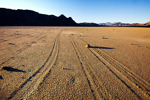 sailing stone tracks - death valley racetrack, cracked mud, death valley, dry lake, dry mud, landscape, mountains, racetrack playa, sailing stones, sliding rocks