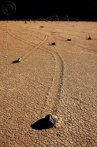 sailing stones on the racetrack - death valley, cracked mud, death valley, dry lake, dry mud, racetrack playa, sailing stones, sliding rocks