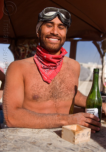 sake bar, bandana, box, man, masu, sake bar, sunglasses, wood, wooden sake cup