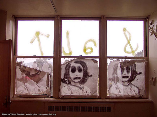 salt-ann-frank - posters - window - abandoned hospital (presidio, san francisco), abandoned building, abandoned hospital, ann frank, anne frank, desecrated, desecration, graffiti, presidio hospital, presidio landmark apartments, salt, trespassing, vandalized, window