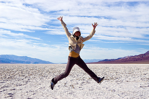 salt flats - death valley, badwater, cloudy sky, death valley, dry lake, jump, jumper, jumpshot, rock salt, salt flats, salt lake, spread eagle, woman[an error occurred while processing this directive]