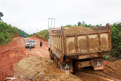 sand truck stuck in sand (laos), dirt road, heavy, lorry, mitsubishi, mud, ruts, sand truck, unpaved
