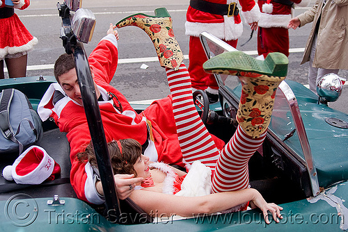 santa claus party in dune buggy, car, christmas, costumes, cowboy boots, dune buggy, fishnet stockings, fishnet tights, man, santa claus, santacon, santarchy, santas, volkswagen, woman