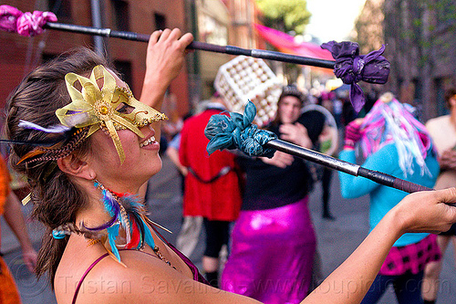 savanna spinning double staff, carnival mask, double staff, golden mask, savanna, staves, woman