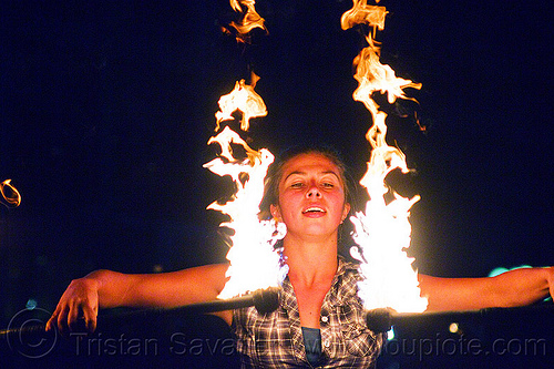 savanna spinning fire staffs, double staff, fire dancer, fire dancing, fire performer, fire spinning, fire staffs, fire staves, night, savanna, spinning fire, woman