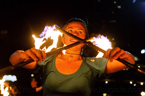 savanna with double fire staff, crossed, double staff, fire dancer, fire dancing, fire performer, fire spinning, fire staffs, fire staves, night, savanna, spinning fire, woman