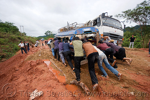 sawngthaew truck stuck in mud (laos), lorry, men, mud, road, ruts, songthaew, truck