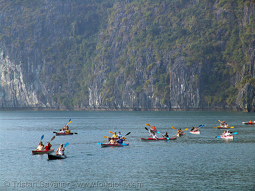 sea kayaks in halong bay - vietnam, boats, canoës, cat ba island, cliff, cát bà, halong bay, kayakers, kayaks, paddle, paddling, sailing, sea canoes, tourists