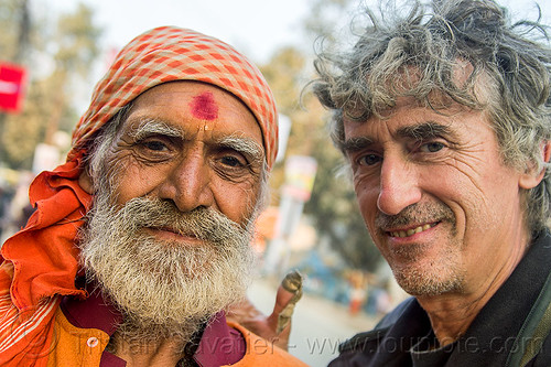 selfie with a baba, baba, daraganj, hindu pilgrimage, hinduism, kumbh mela, man, self portrait, selfie, tilak, tilaka, white beard