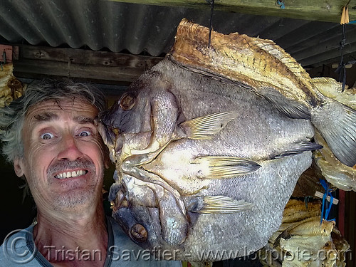 selfie with flattened dry fish, dry fish, fish market, hanging, selfie, shop, stand, store