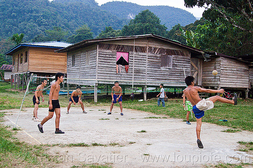 sepak takraw match, ball game, borneo, field, gunung mulu national park, kick volleyball, malaysia, men, net, panan, penan people, player, playing, rattan ball, sepak raga, sepak takraw, sport