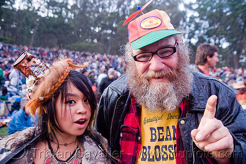 serena and a man with a propeller cap, beard, bluegrass, golden gate park, hardly, hat, man, propeller cap, serena, strictly, woman