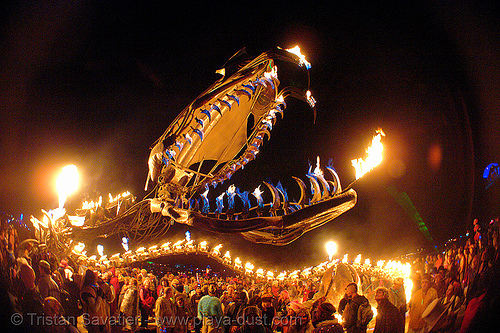 serpent mother - giant snake skeleton fire sculpture - head - burning man 2006, art installation, burning man at night, fire, sculpture, serpent mother, skeleton, snake